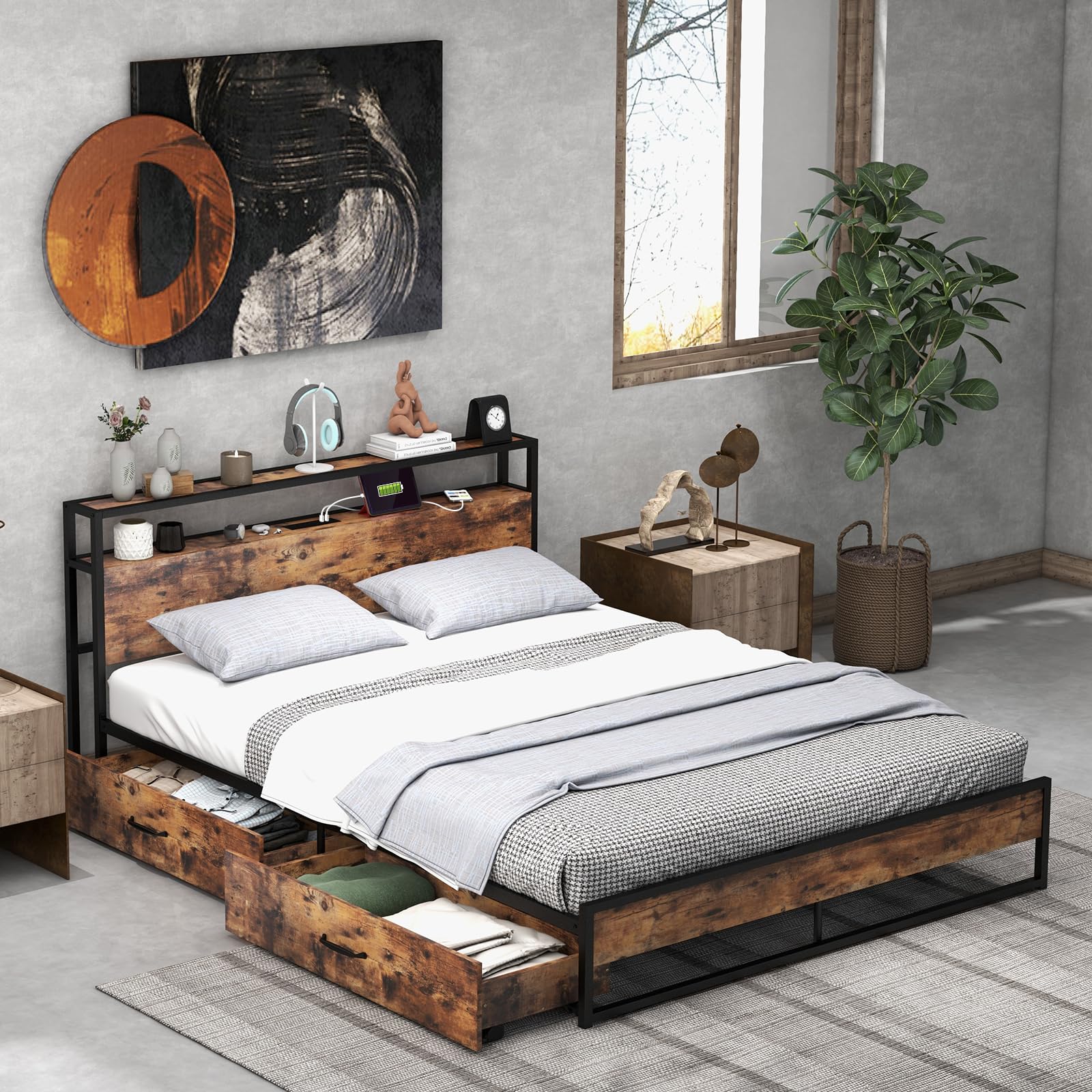Bed Frame with 2 Storage Drawers and Charging Station, Rustic Metal Slats Support Mattress Foundation