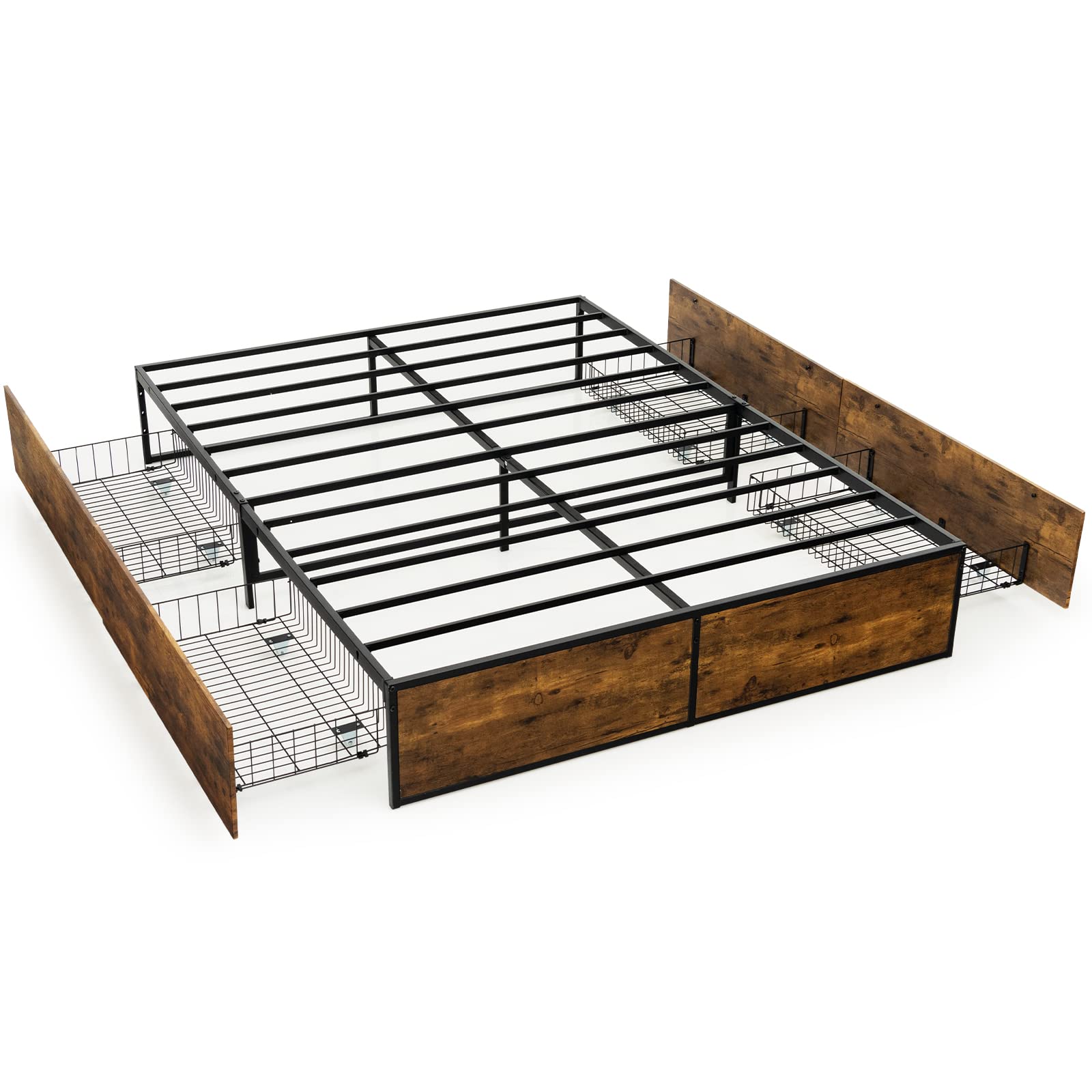 Industrial Metal Bed Frame with 4 Drawers & Reserved Holes for Headboard