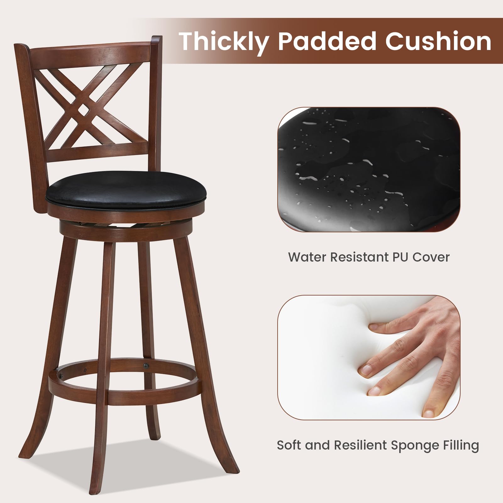 360&deg; Swivel Barstools Set of 2/4, 29" Bar Height Bar Chairs with Back & Footrest