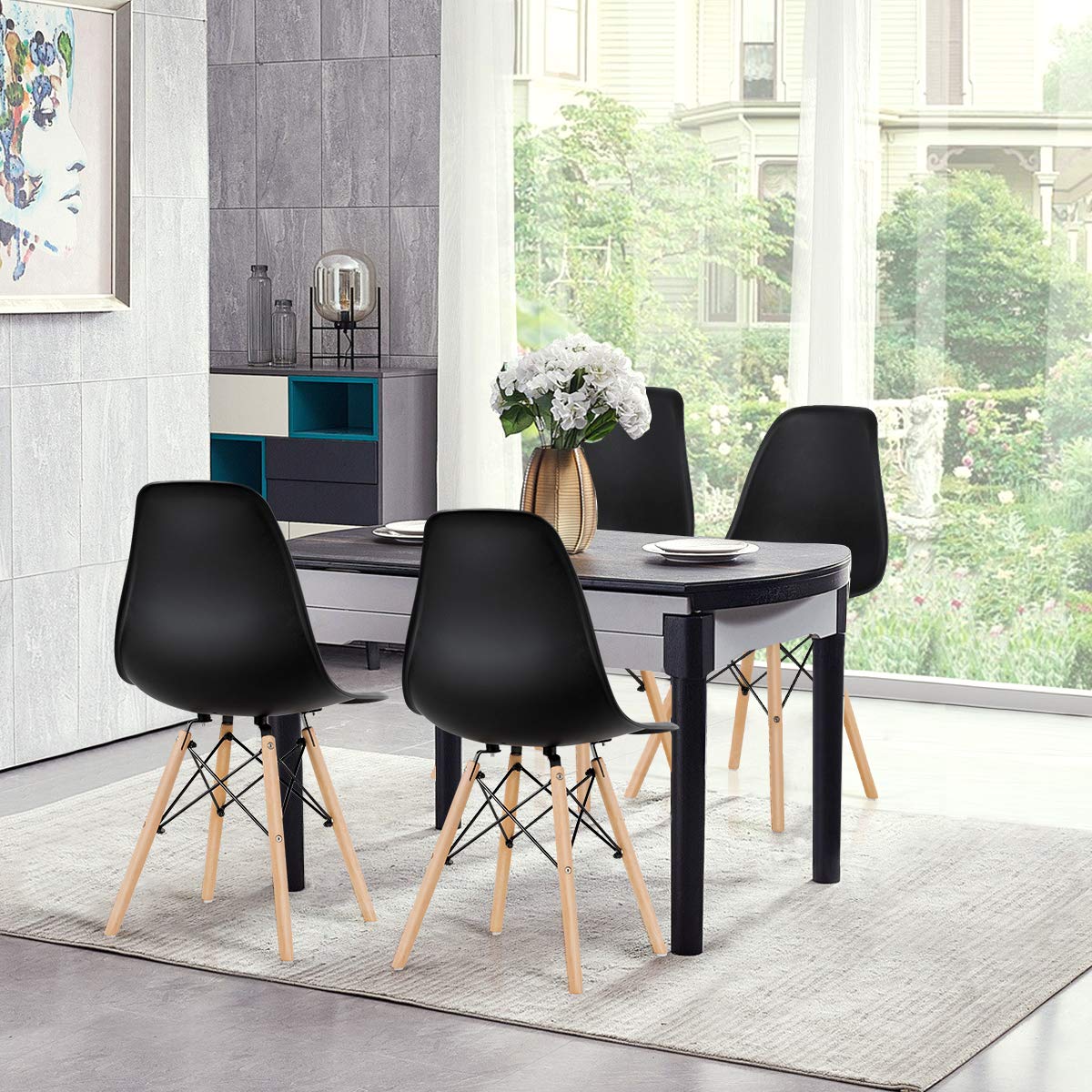 Pre Assembled Mid Century Modern Dining Chairs Set of 4 with Wood Legs, Shell Lounge Plastic Chairs