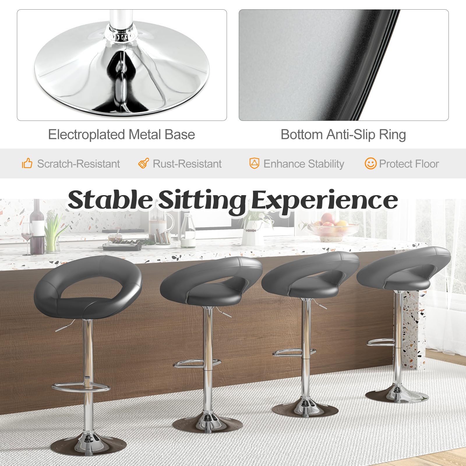Adjustable Swivel Bar Stools Set of 2/4, Modern PU Leather Counter Height Bar Chairs w/Hollowed Back, Footrest, Metal Base