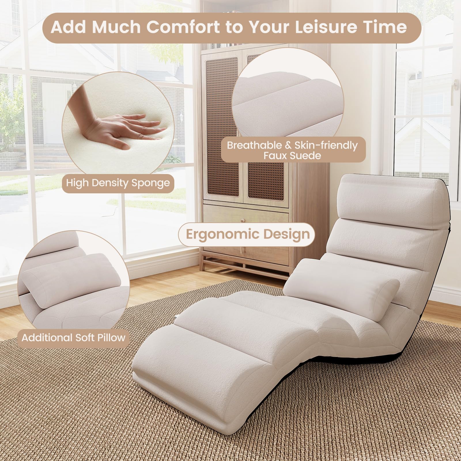 Floor Chairs for Adults, Adjustable 5-Position Floor Lounger with Thick Padded & Pillow
