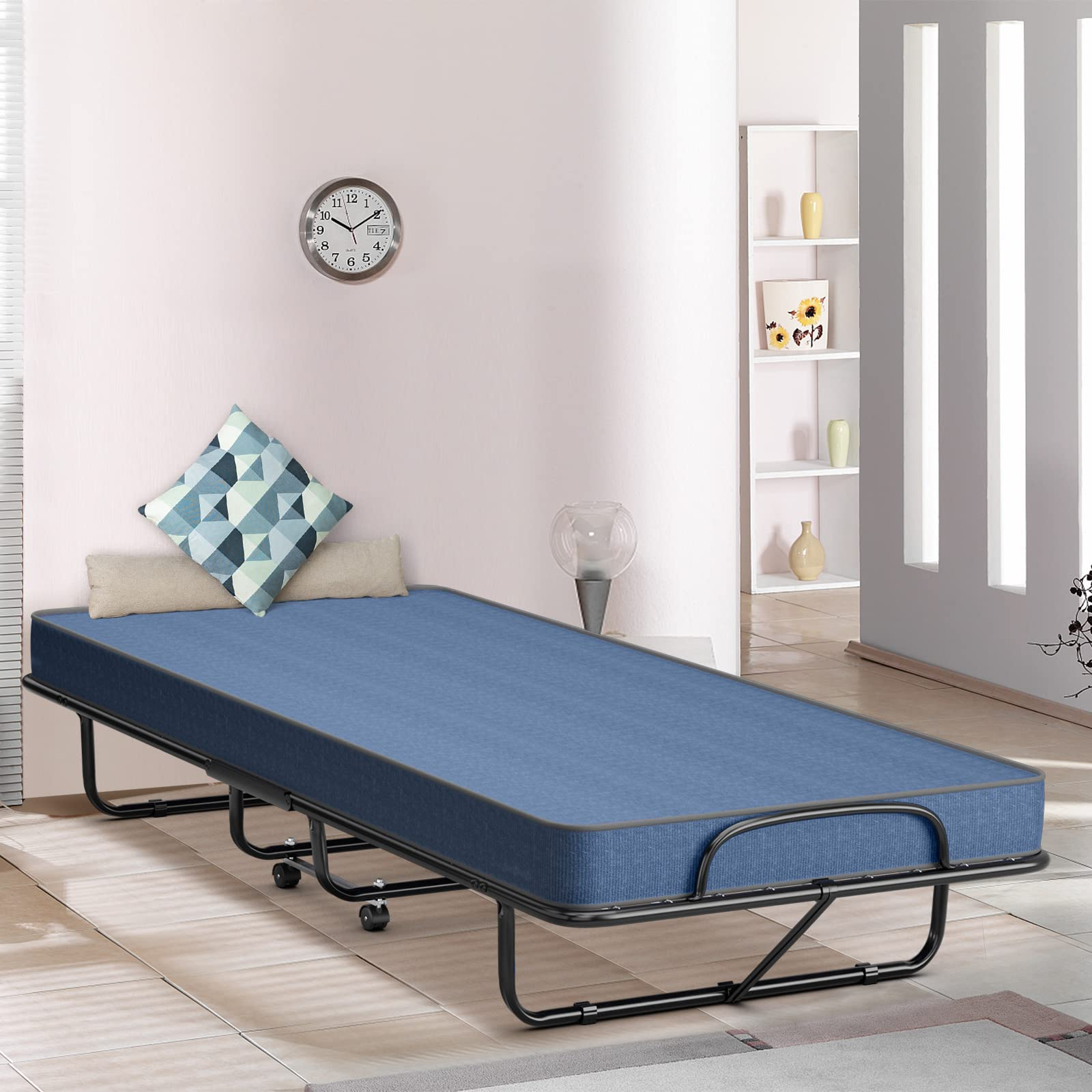 Folding Guest Bed with Mattress,  Twin Size Portable Rollaway Bed 5-Inch Memory Foam Mattress