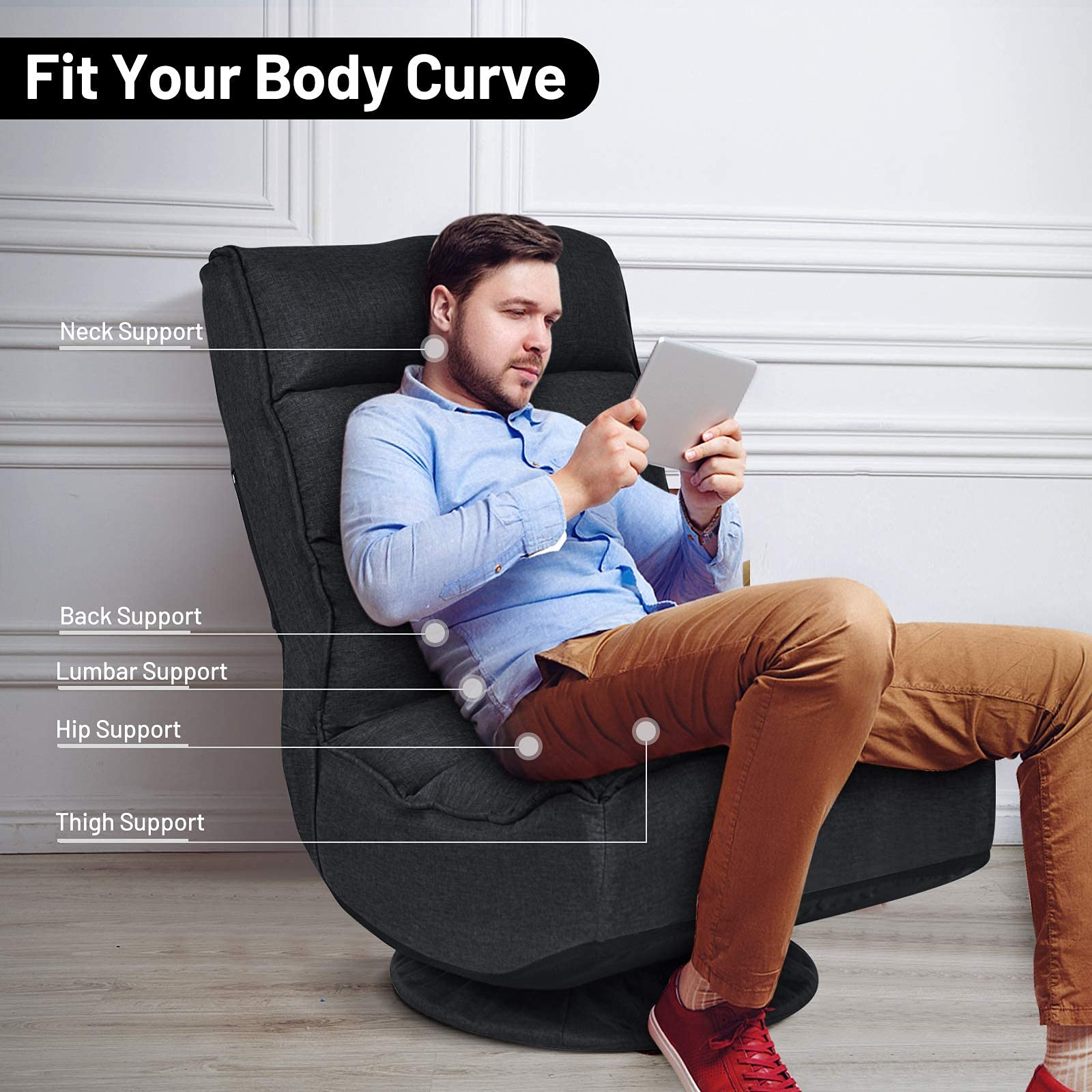 360 Degree Swivel Gaming Chair, 6 Position Adjustable Folding Floor Chair