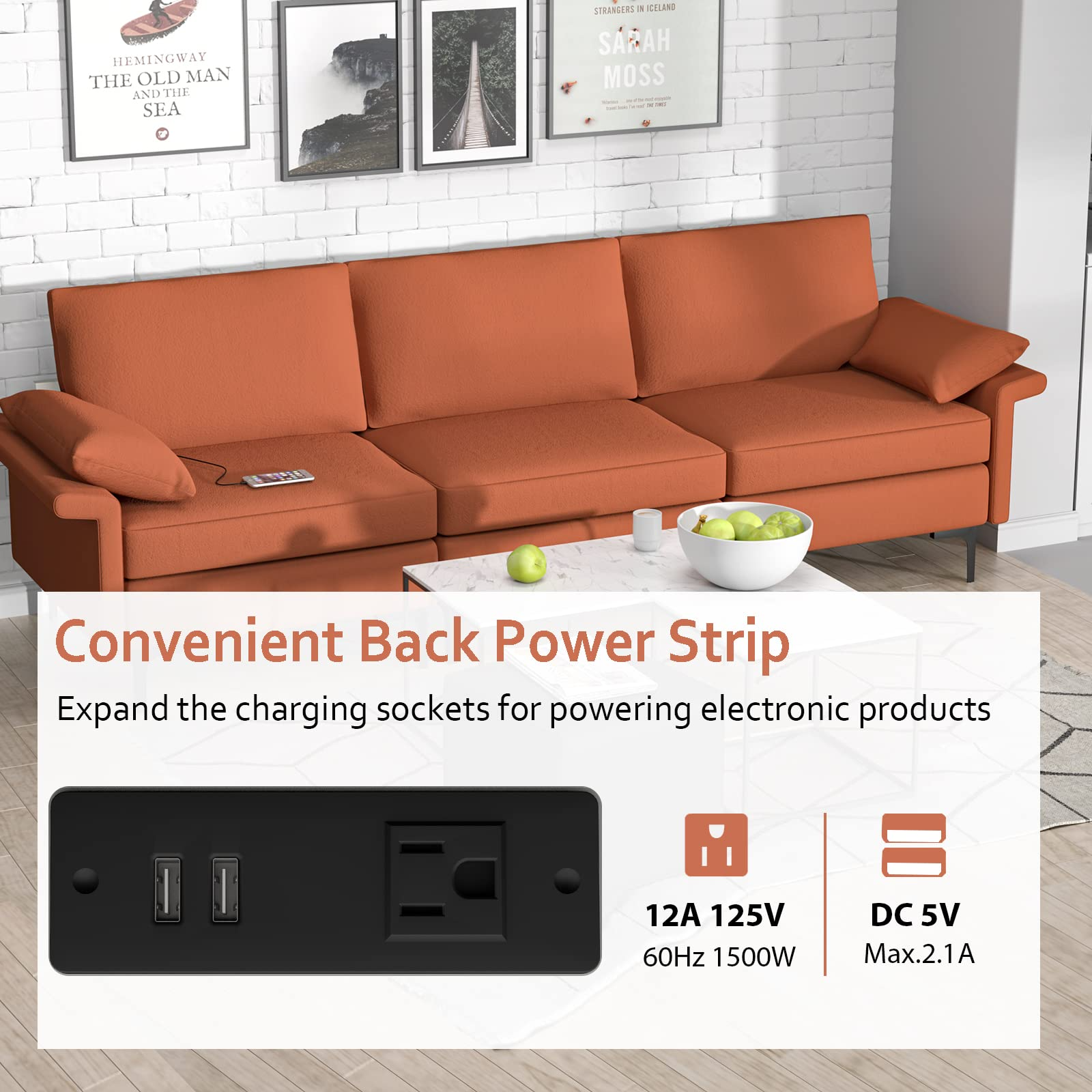 100.5 Inch Large Sectional Sofa, 3 Seat Couch with 3-Hole Outlet & 2 USB Ports