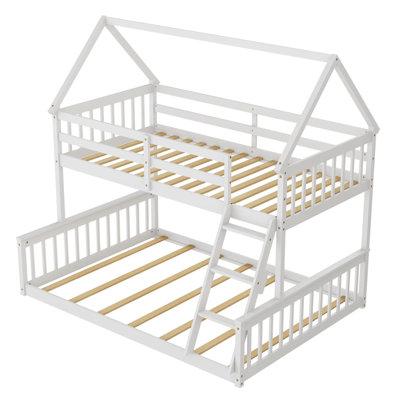 Twin Over Full Wood House Bunk Bed with Integrated Ladder & Safety Guardrails, Convertible to 2 Beds