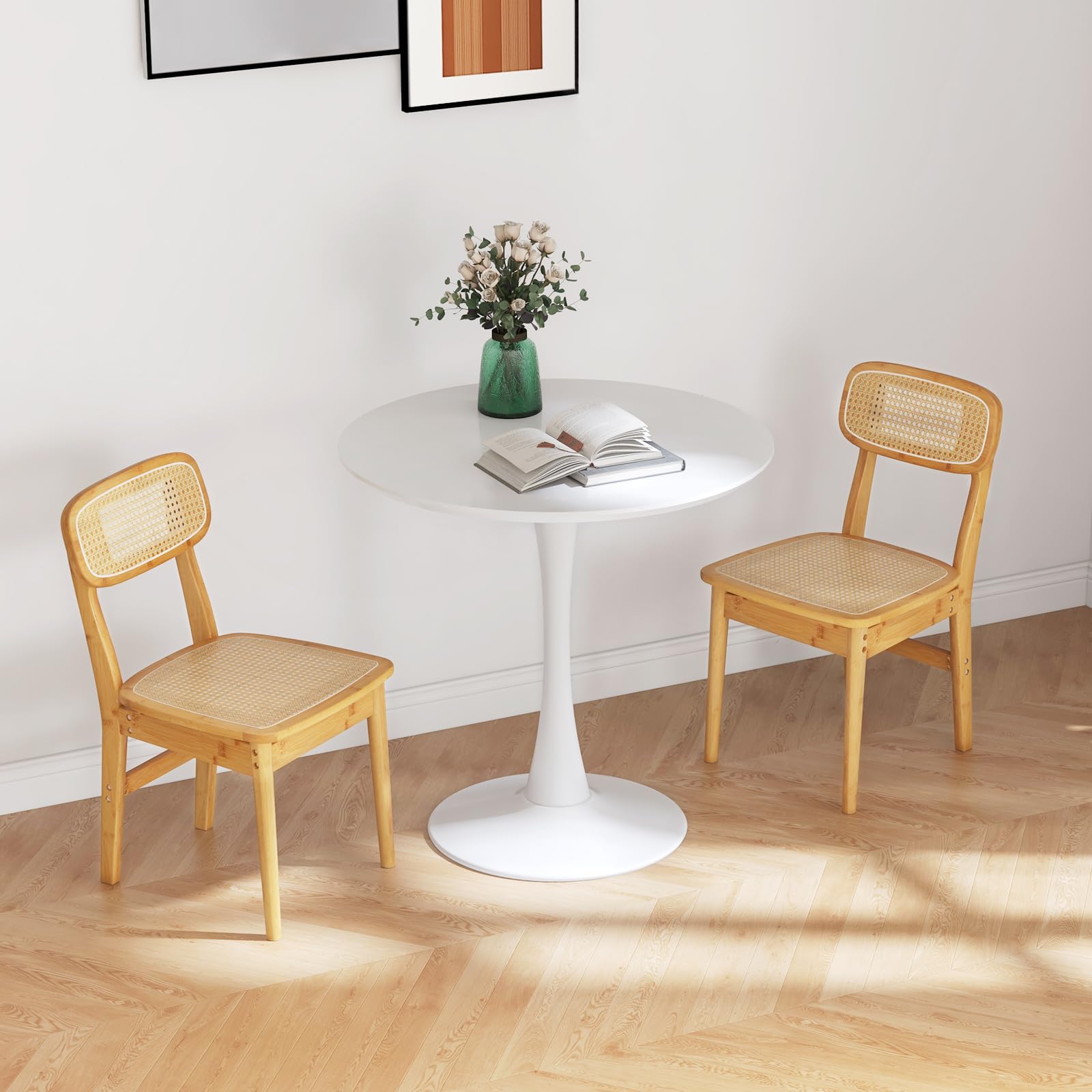 Rattan Dining Chairs Set of 2/4, Bamboo Armless Dining Room Chairs
