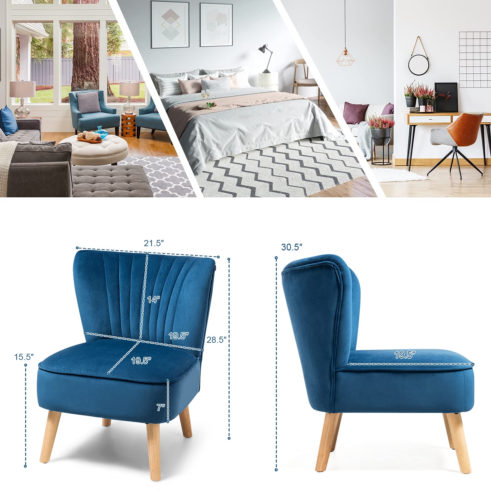 Upholstered Armless Accent Chair w/Rubber Wood Legs & Thick Sponge Seat