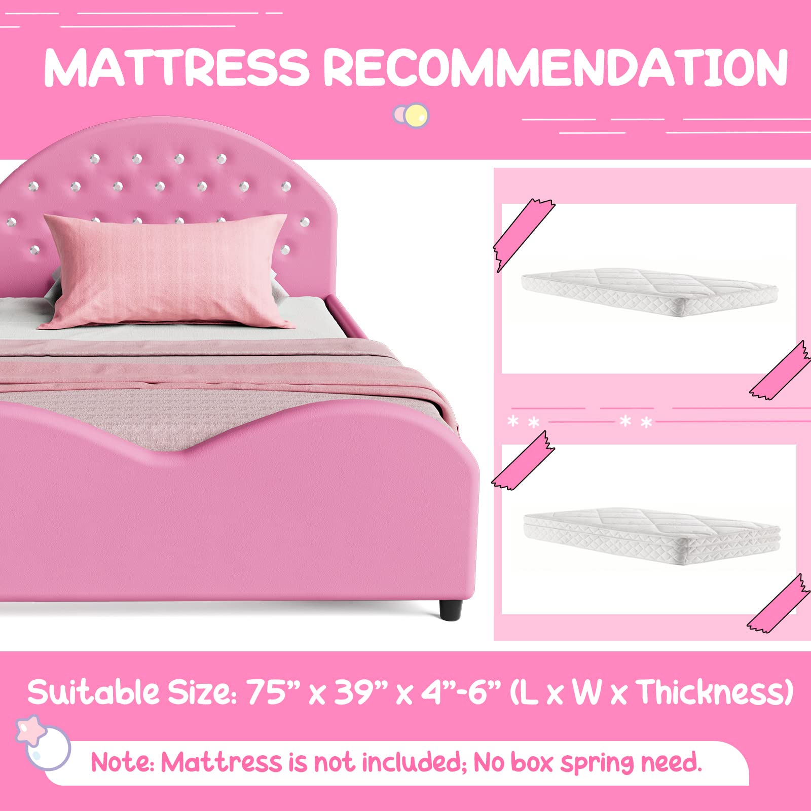 Kids Twin Bed Frame with Headboard, Toddler Upholstered Platform Bed with Slatted Bed Base