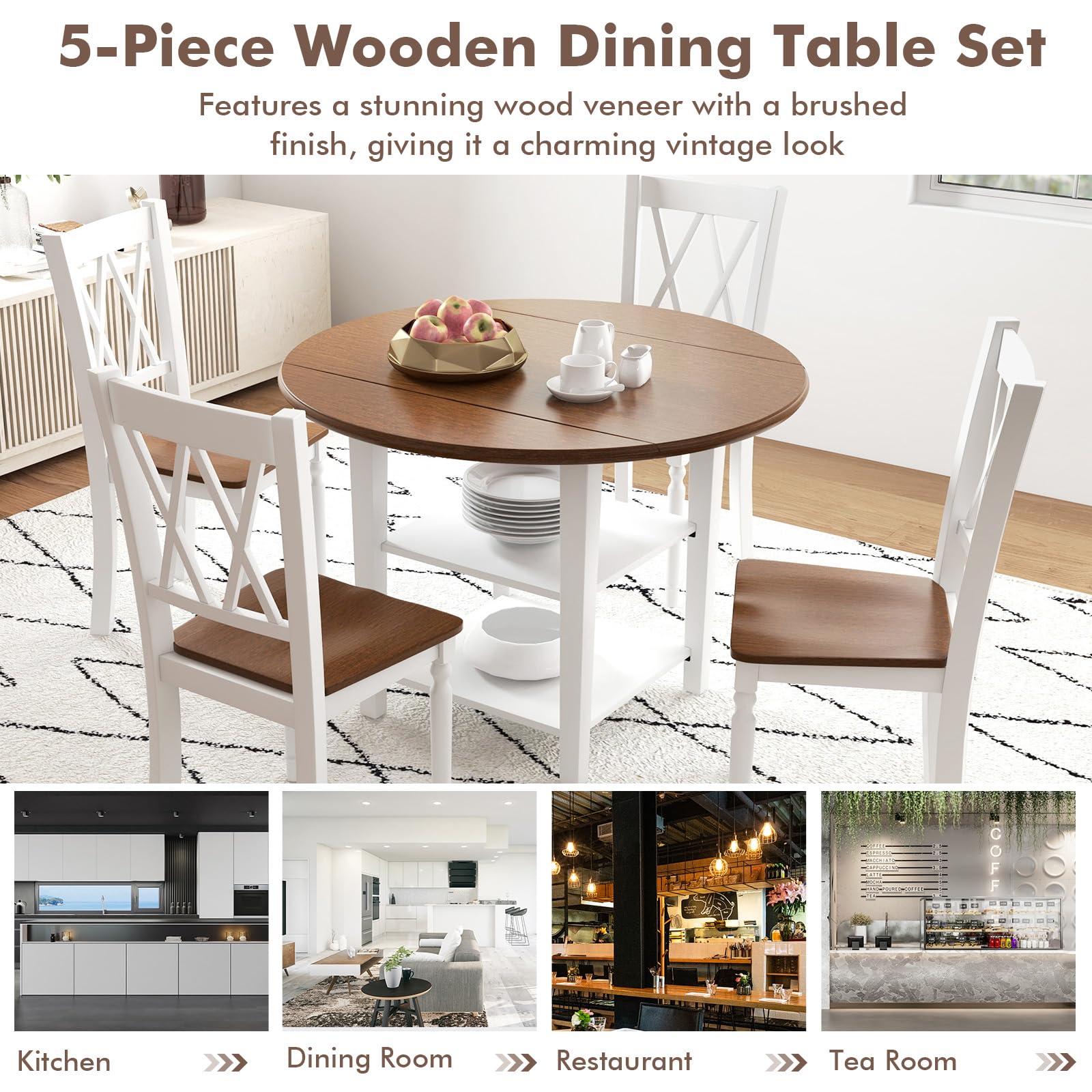 Dining Table Set for 4 with Drop Leaf Round Kitchen Table & 4 Chairs