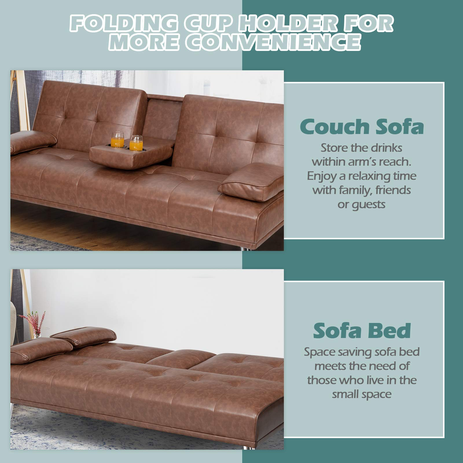 Leather Convertible Futon Sofa Bed with Removable Armrests and 2 Cup Holders