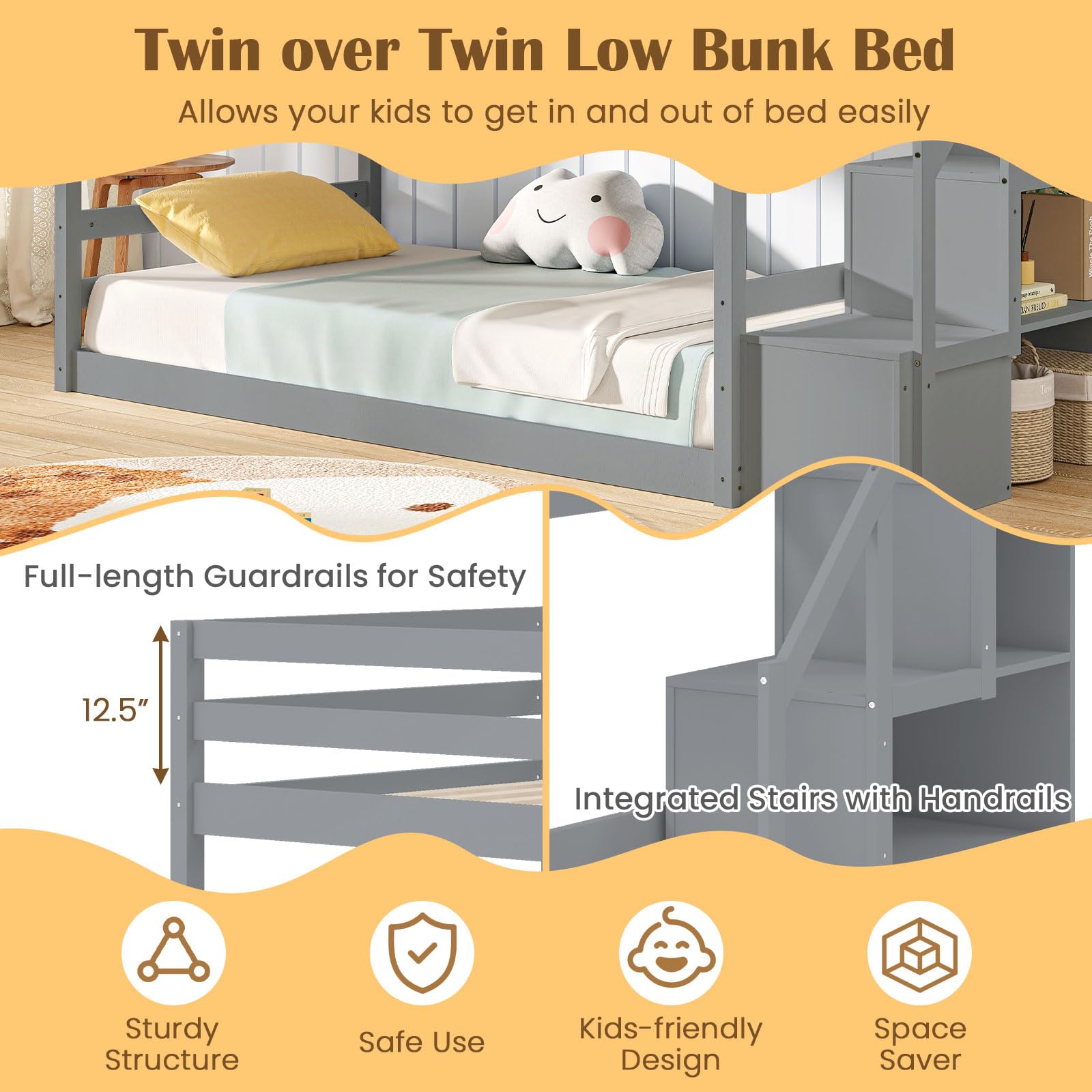 Bunk Bed with Stairs, Solid Wood Floor Bunk Bed with Storage Staircase & Full-Length Guardrails