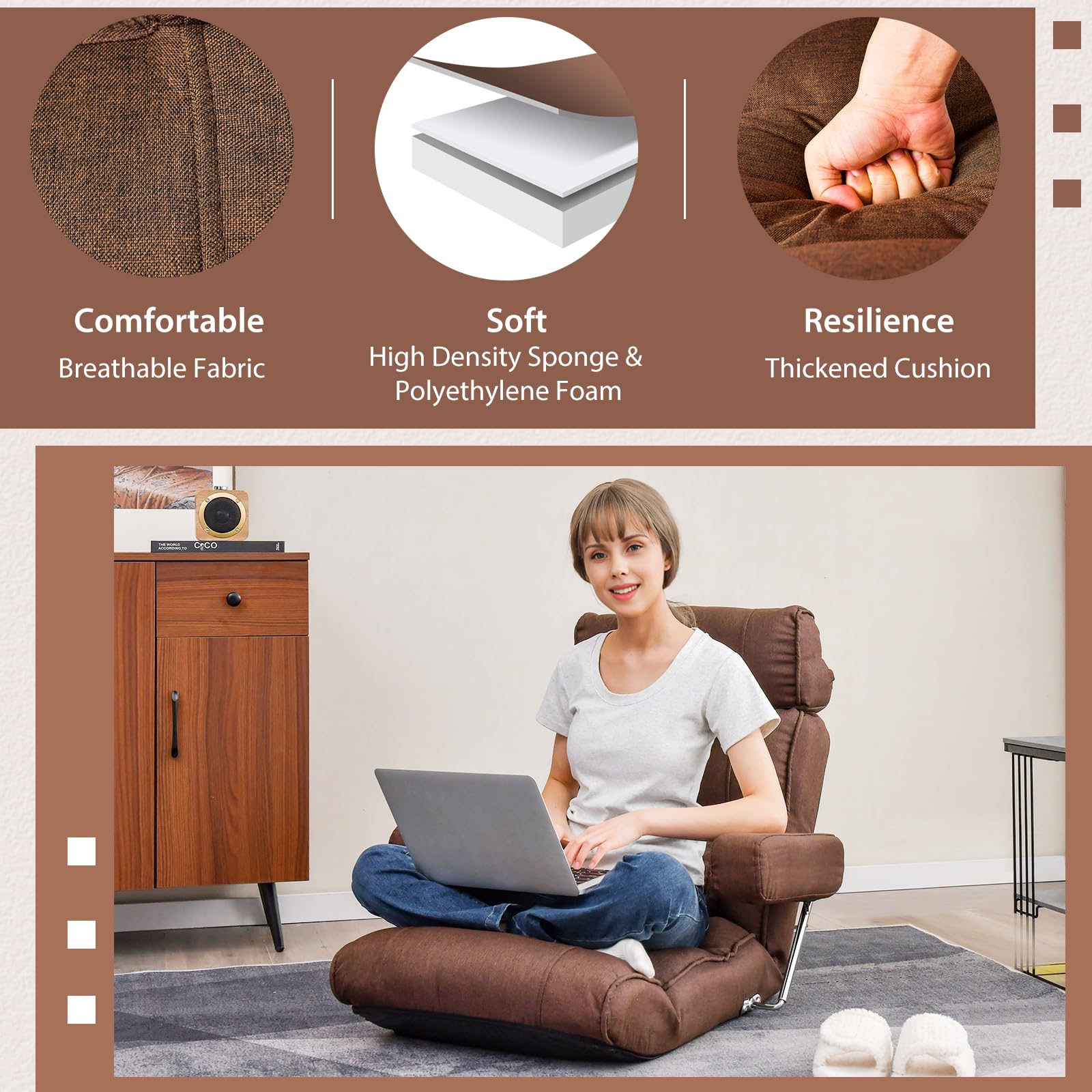 Adjustable Folding Floor Sofa Chair, Upholstered Indoor Chaise Lounge with 6-position