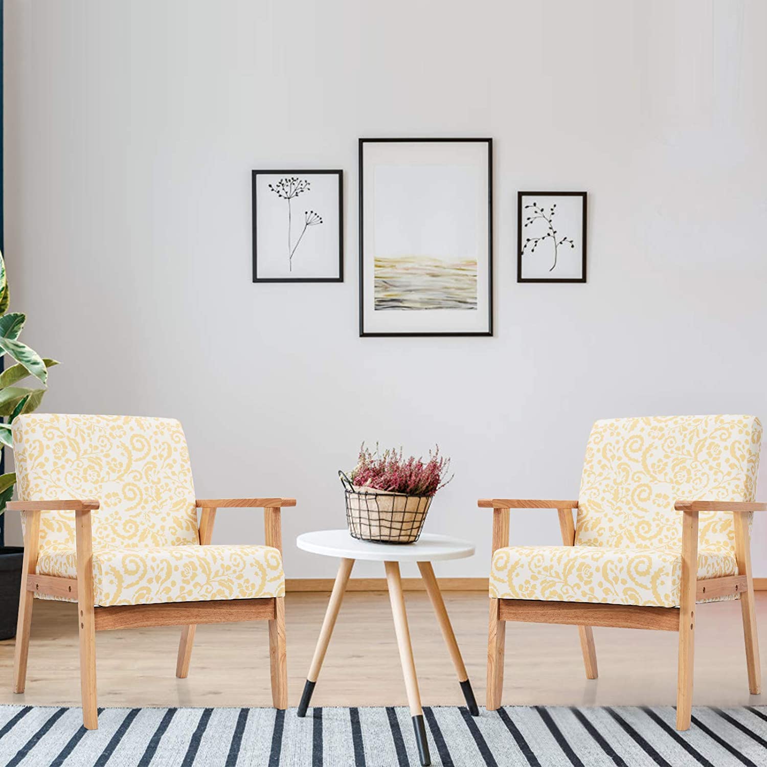 Mid Century Accent Arm Chairs, Fabric Modern Armchairs w/Rubber Wood, Pretty Pattern, Soft Sponge
