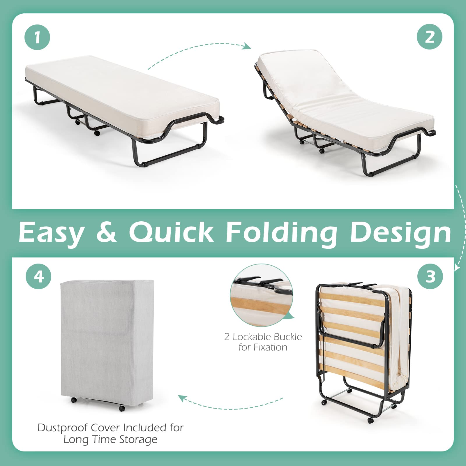 Folding Bed with 4 Inch Mattress, Storage Cover and Memory Foam Mattress
