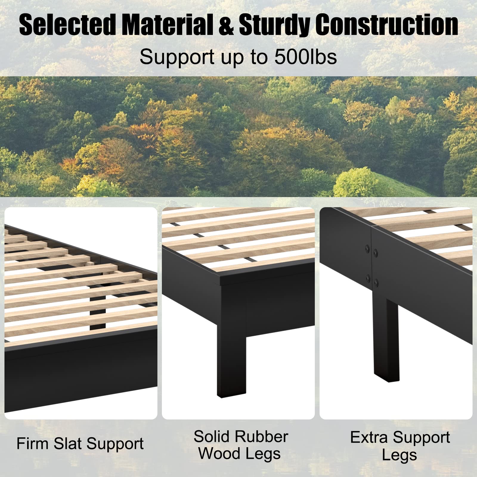 Wood Platform Bed Frame with Headboard, Mid Century Platform Bed Frame with Solid Wood Legs & Wooden Slat Support