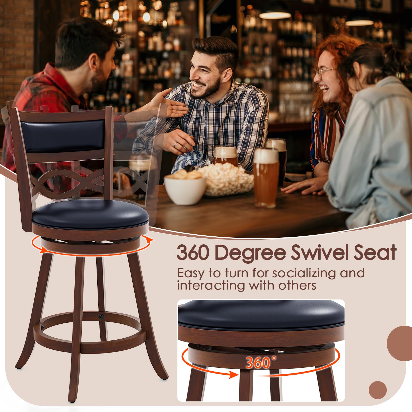Bar Stools Set of 2/4, 24.5&rdquo; Counter Height Stools with Rubber Wood Frame, Faux Leather Upholstered Seat and Backrest