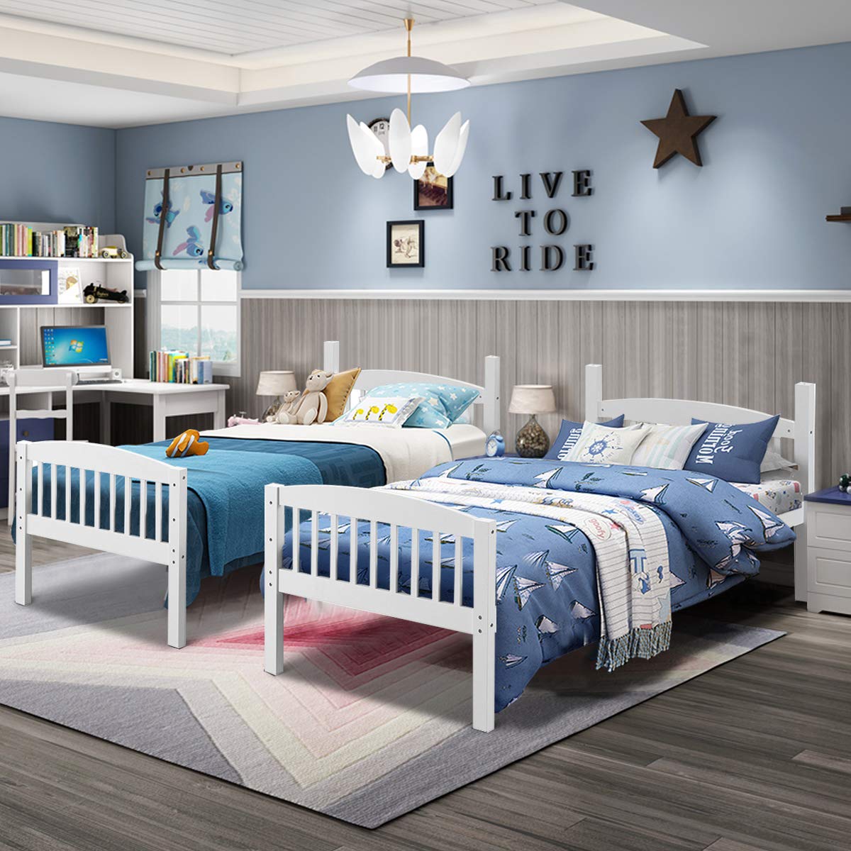 Twin Over Twin Bunk Beds, Convertible Into Two Individual Solid Rubberwood Beds