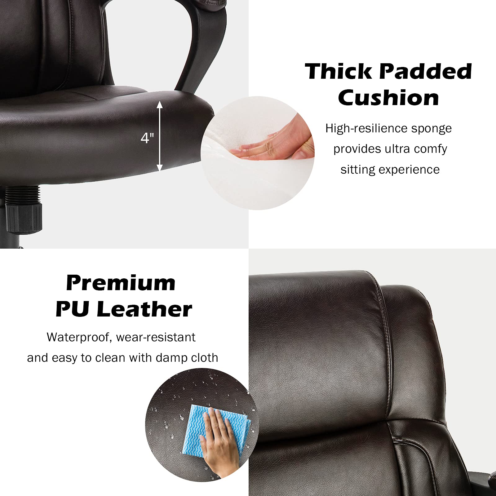 Leather Modern Executive Chair, Ergonomic Mid Back Computer Desk Chair w/Padded Armrests