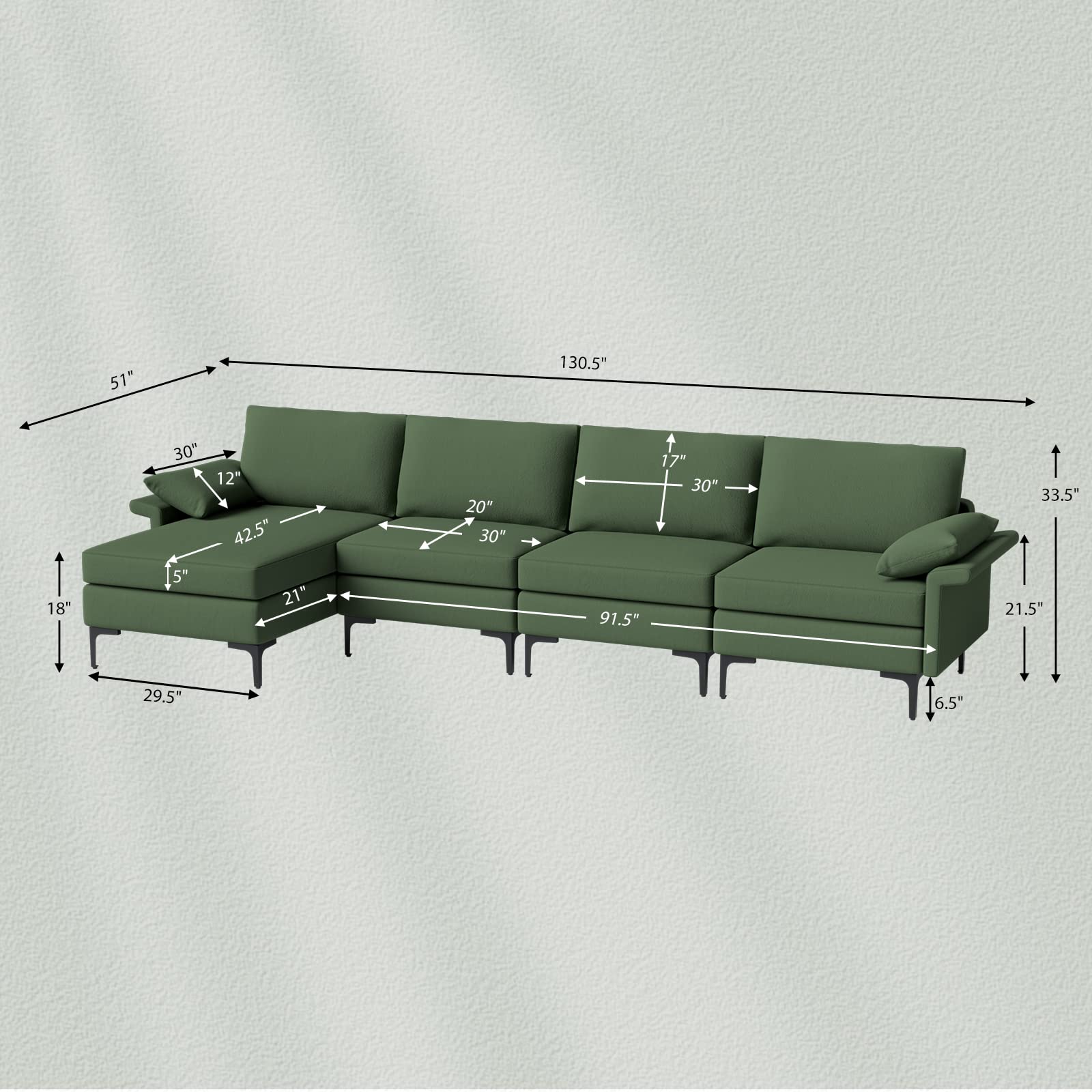 130.5 Inch Extra Large Convertible Sectional Sofa with Reversible Chaise Lounge, 3-Hole Outlets & 4 USB Ports