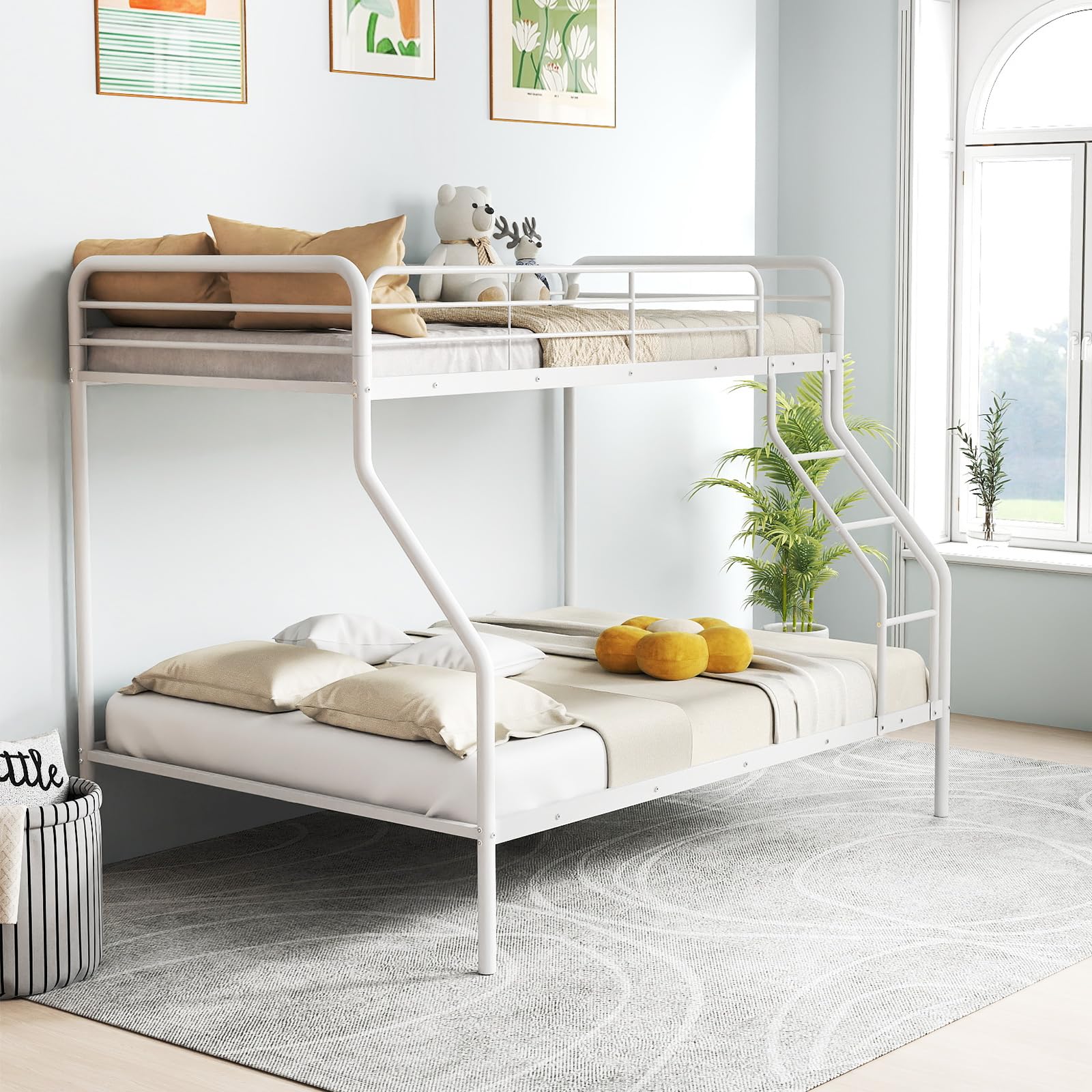Twin Over Full Metal Bunk Bed with Inclined Ladder, Safety Guardrail