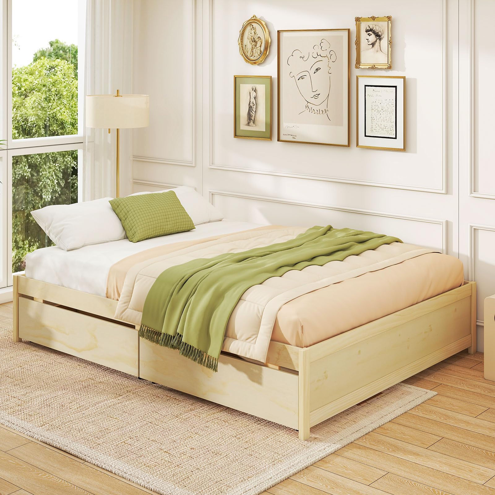 Bed Frame with 2 Storage Drawers, Solid Wood Platform Bed with Slats Support
