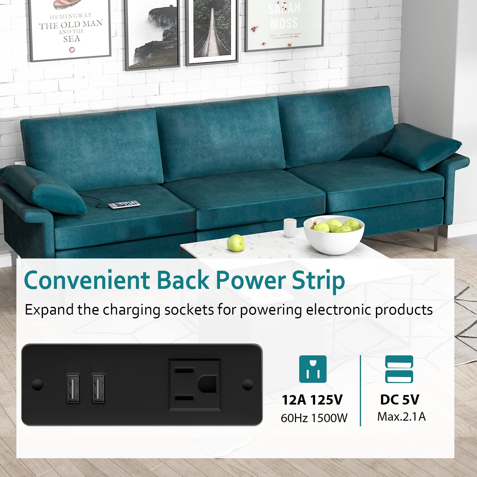 100.5 Inch Large Sectional Sofa, 3 Seat Couch with 3-Hole Outlet & 2 USB Ports
