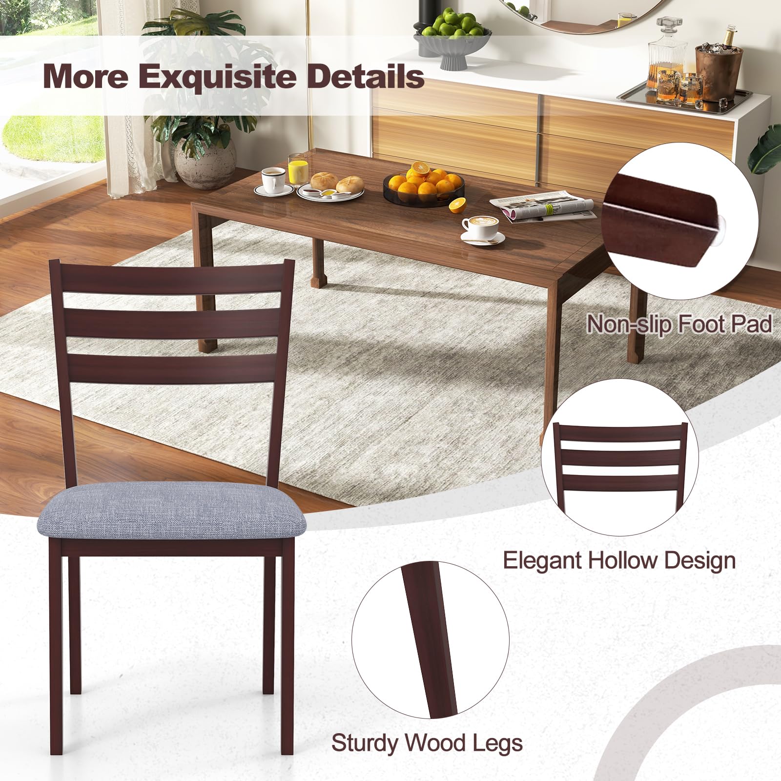 Wood Dining Chairs Set of 2/4, Upholstered Kitchen Chair with Solid Rubber Wood Frame