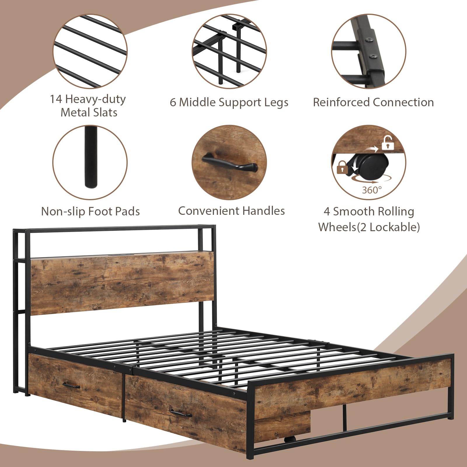 Bed Frame with 2 Storage Drawers and Charging Station, Rustic Metal Slats Support Mattress Foundation