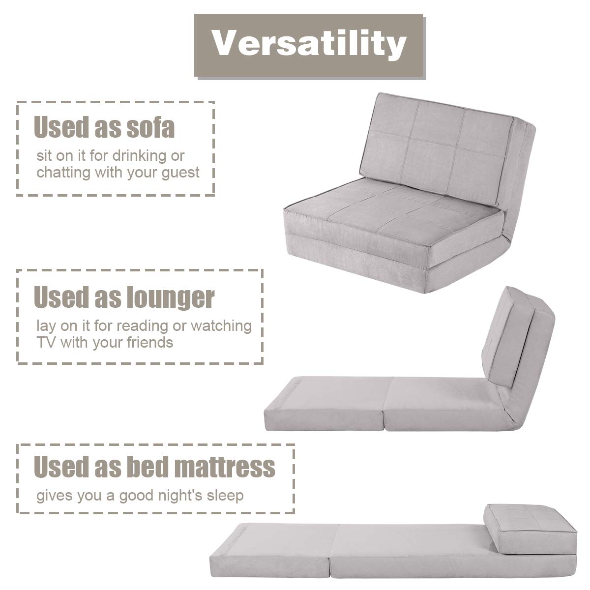 5-Position Adjustable Convertible Flip Chair, Sleeper Dorm Game Bed Couch Lounger Sofa Chair Mattress