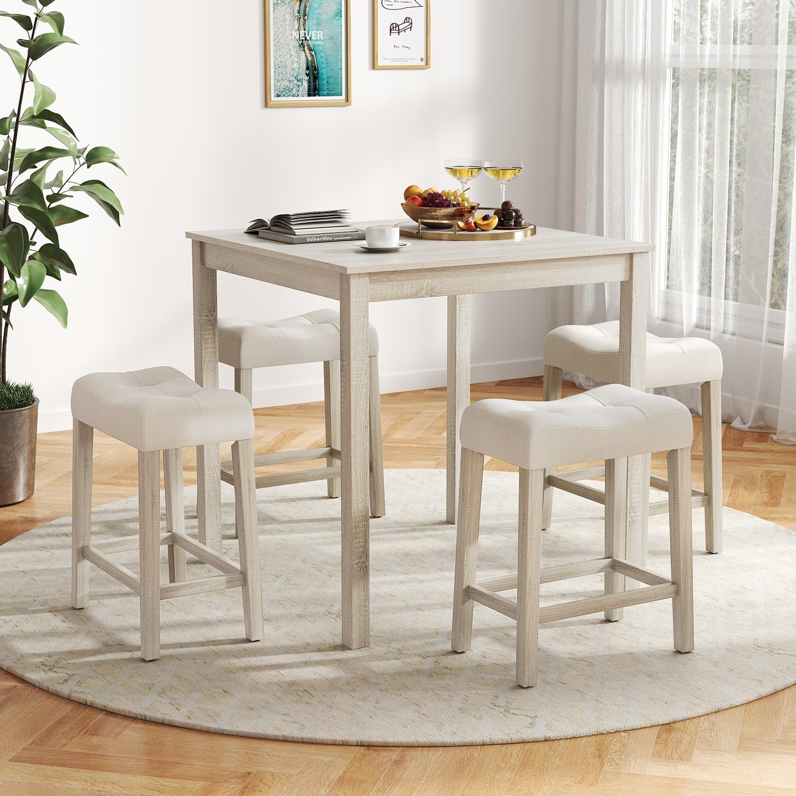 5-Piece Bar Table Set, Square Breakfast Set for 4 w/Padded Stools