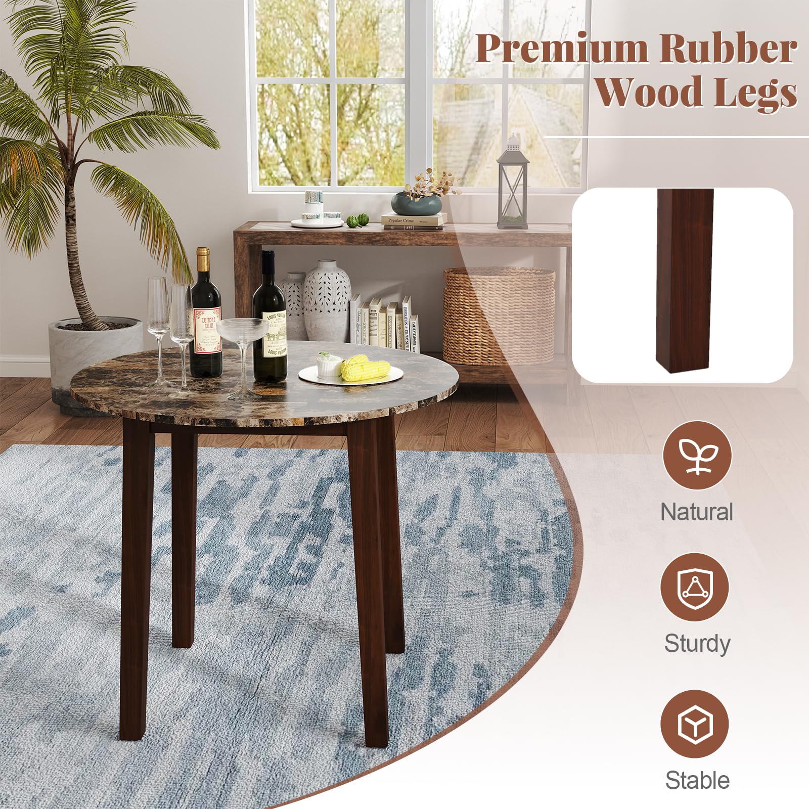35&rdquo; Round Dining Table - Kitchen Table with Rubber Wood Legs, Marble-Textured Veneer Tabletop