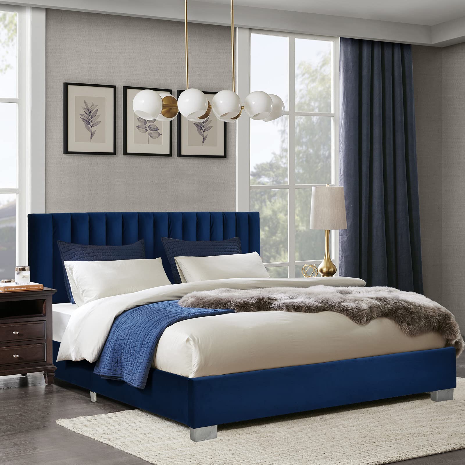 Upholstered Bed Frame with Headboard, Heavy Duty Wood Slats Support & Mattress Foundation