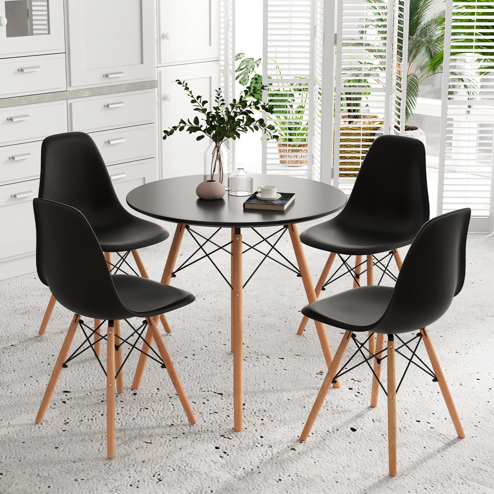 Round Dining Table Set for 4, Modern 31.5" D Dining Table & 4 Dining Chairs with Solid Wood Legs