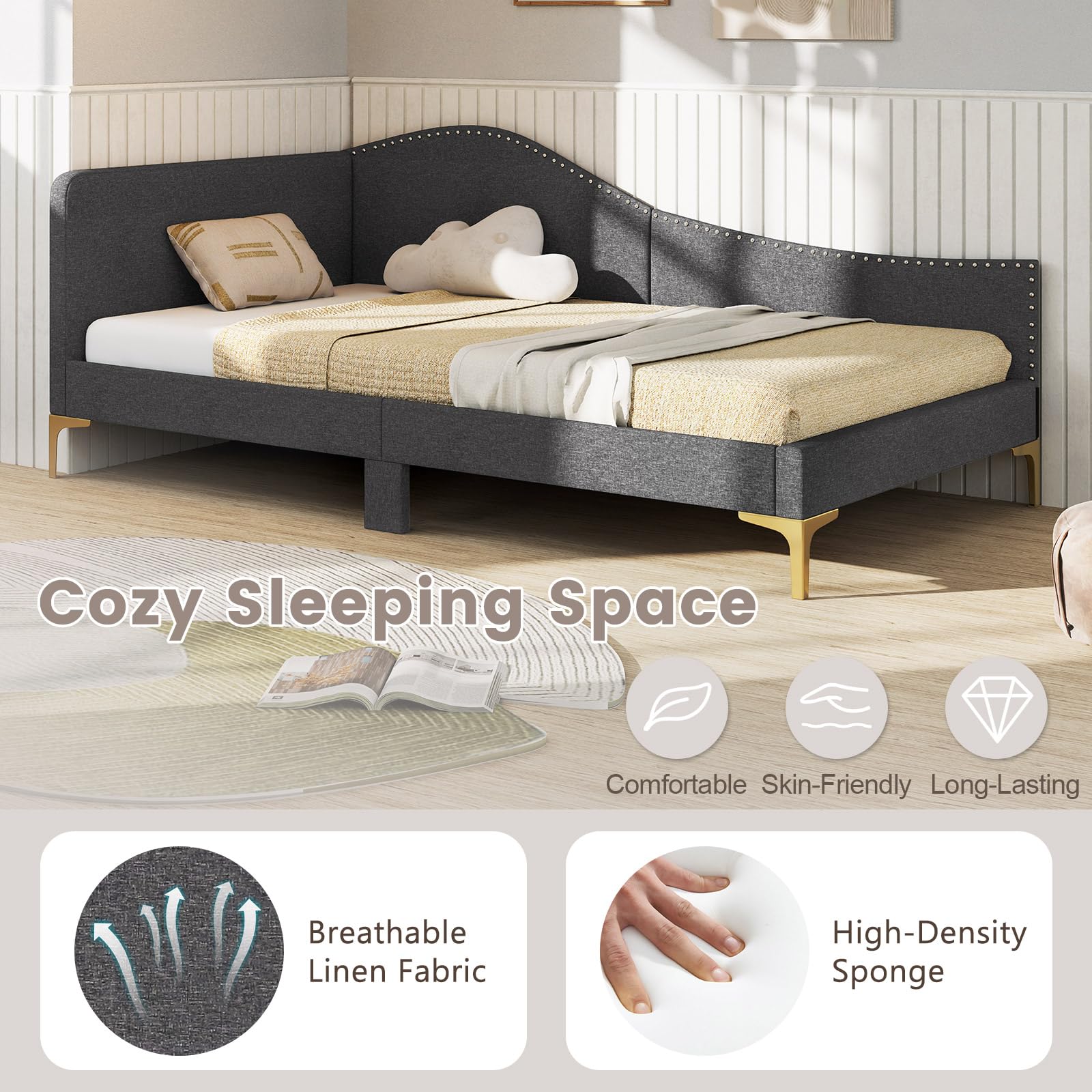 Rivet-Tufted Platform Bed Frame with Headboard, Metal Legs & Wood Slats, L-Shaped Corner Sofa Bed