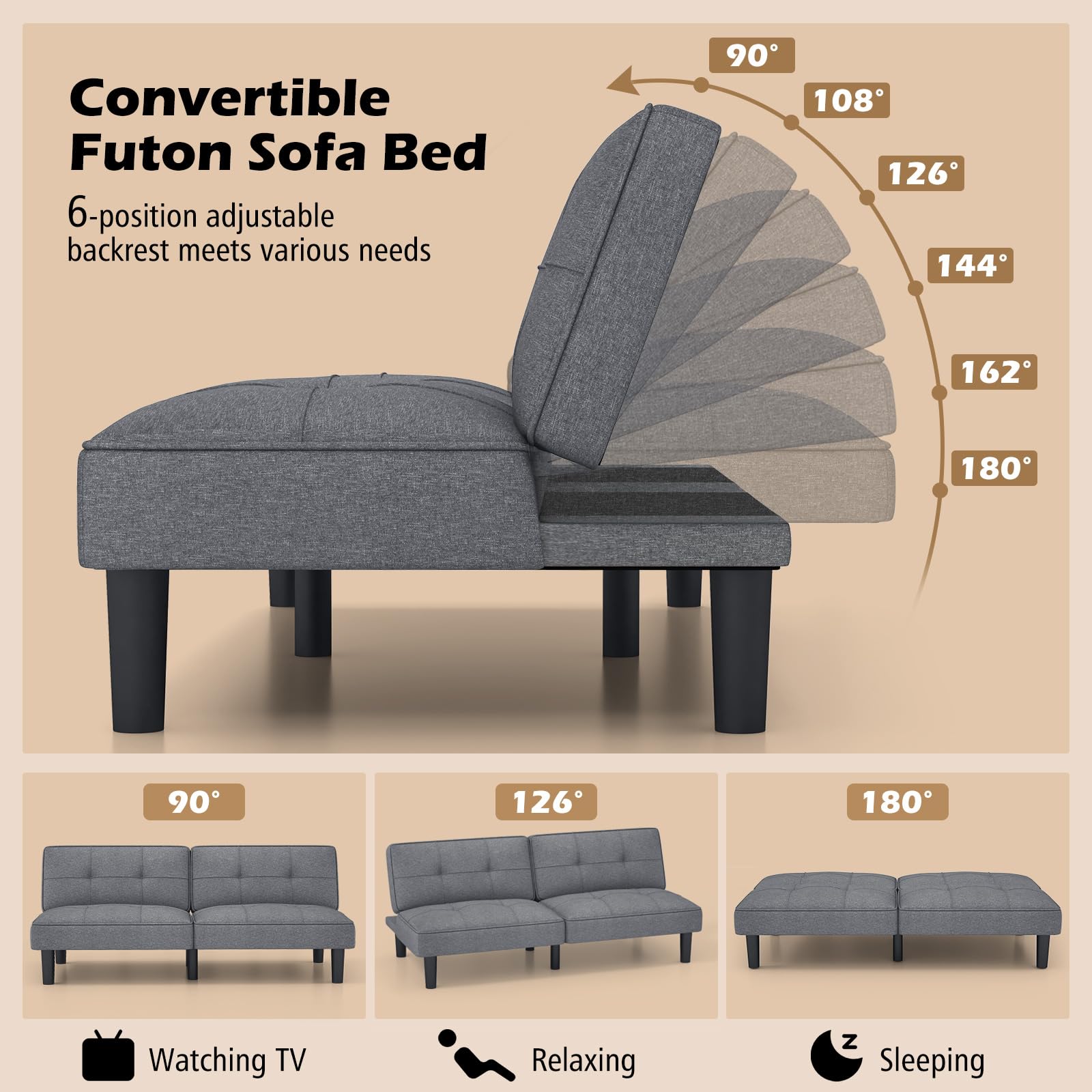 Convertible Futon Sofa Bed, Upholstered Folding Linen Sleeper Couch with 6-Position Adjustable Backrest