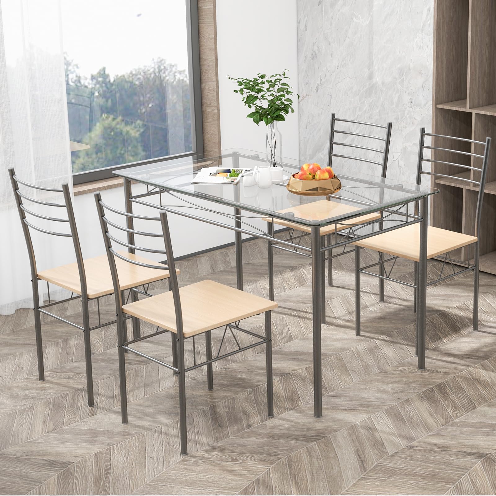 5 Piece Dining Table Set, Kitchen Dining Set with Tempered Glass Table Top and 4 Chairs