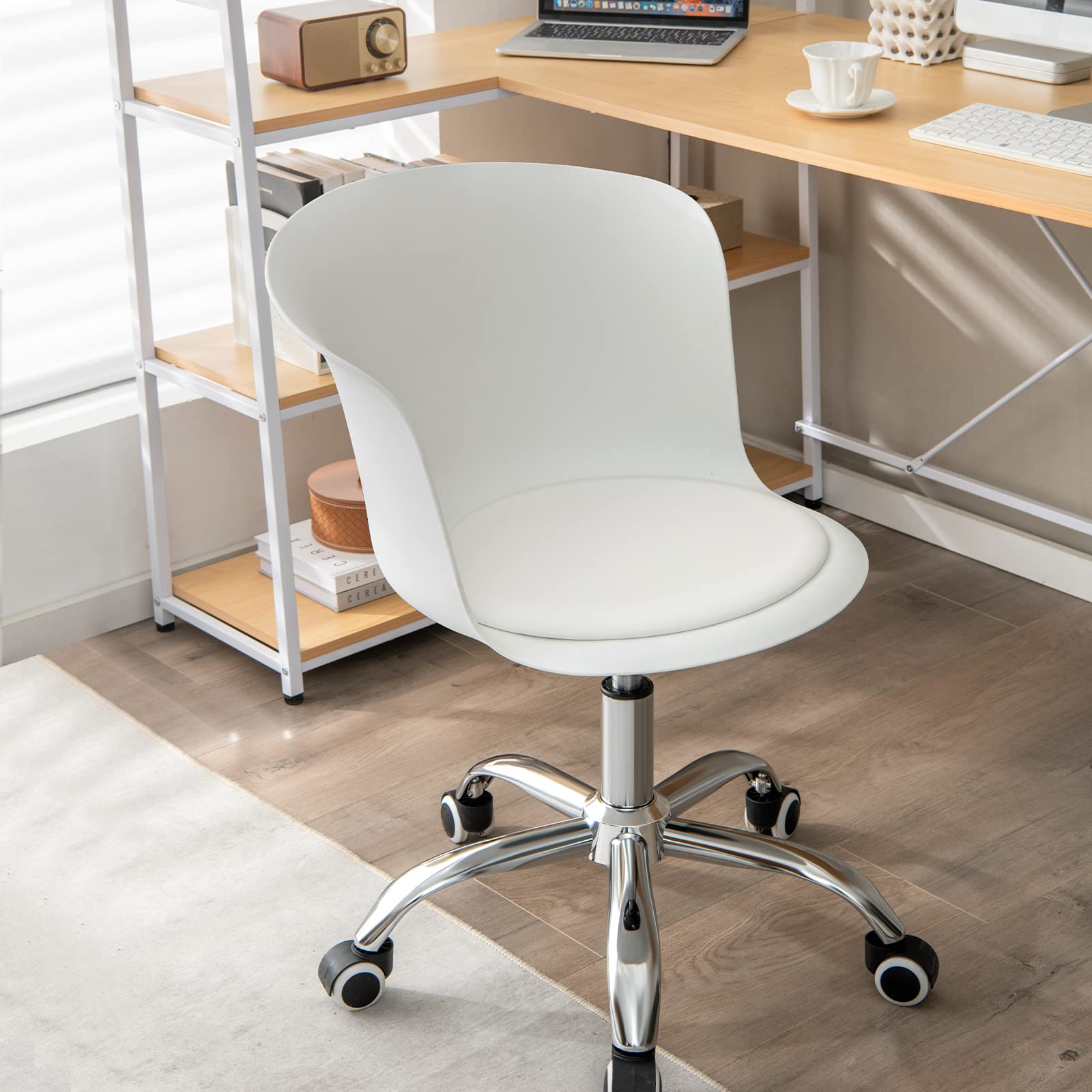 Home Office Desk Chair Set of 2/4, Armless Plastic Swivel Rolling Task Chair w/Soft PU Leather Cushion & Universal Casters
