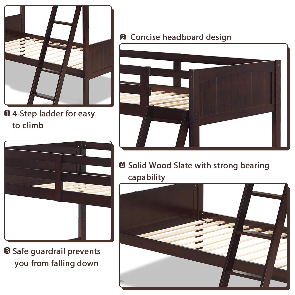 Wood Twin Over Twin Bunk Beds, Convertible 2 Individual Twin Beds for Kids Children