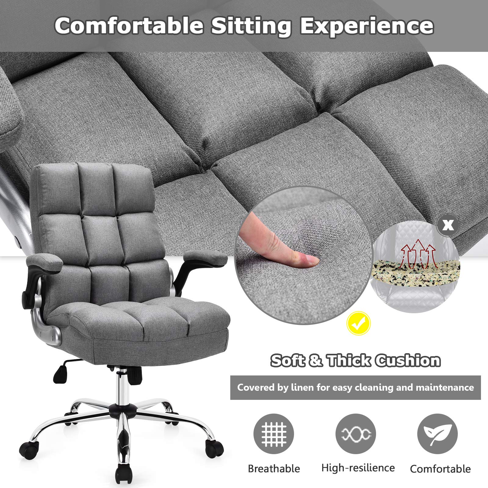 Executive Office Chair, Adjustable Tilt Angle and Flip-up Armrest Linen Fabric Upholstered Chair with Thick Padding