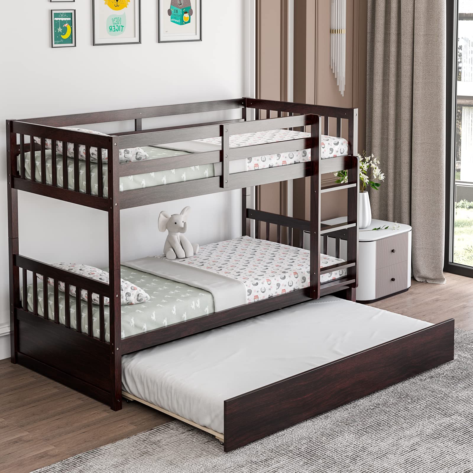 Twin Over Twin Wood Bunk Bed with Trundle, 2-in-1 Convertible Bunk Bed with Ladder & Solid Wood Frame