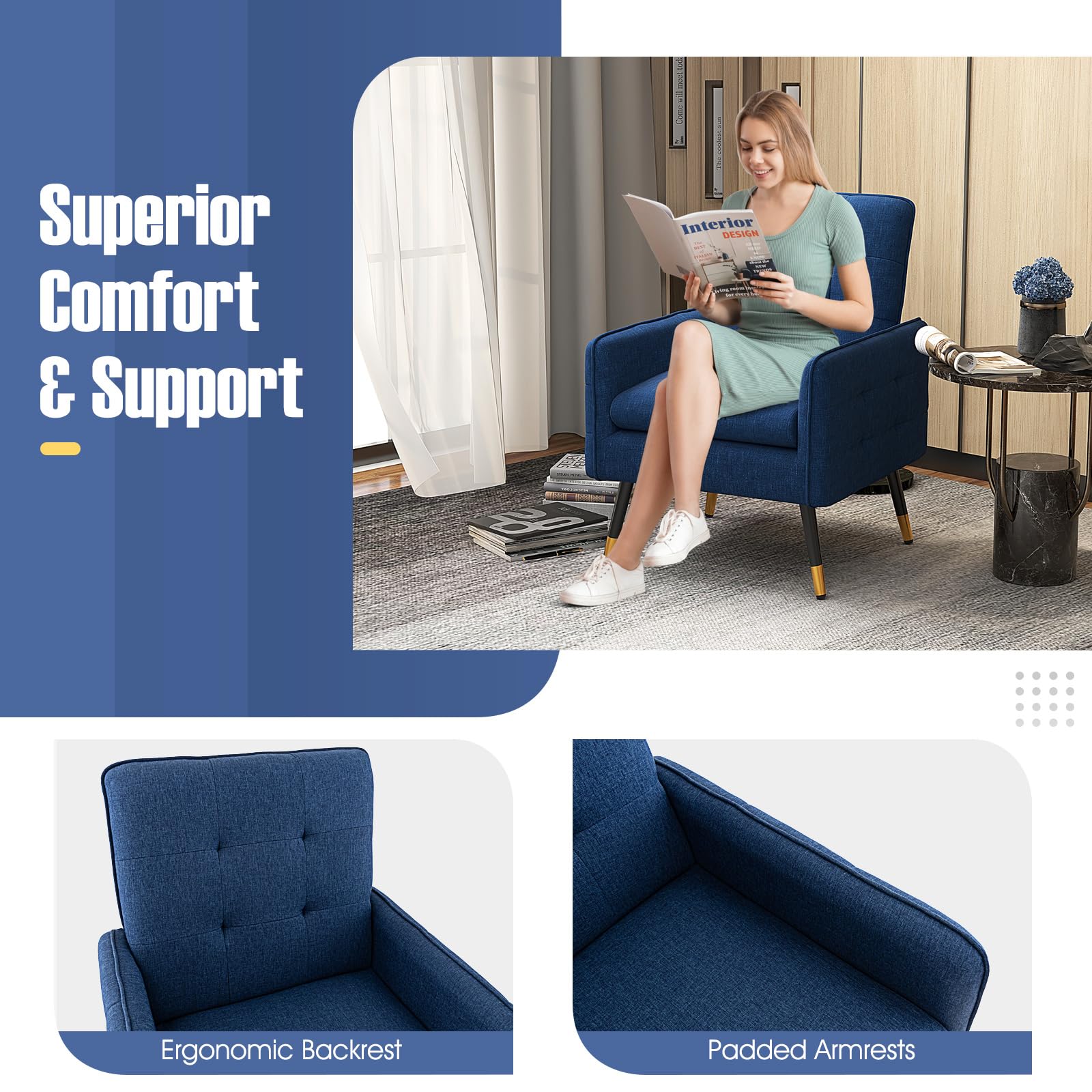 Modern Accent Chair, Upholstered Armchair Single Sofa Chair with Metal Legs & Adjustable Foot Pads
