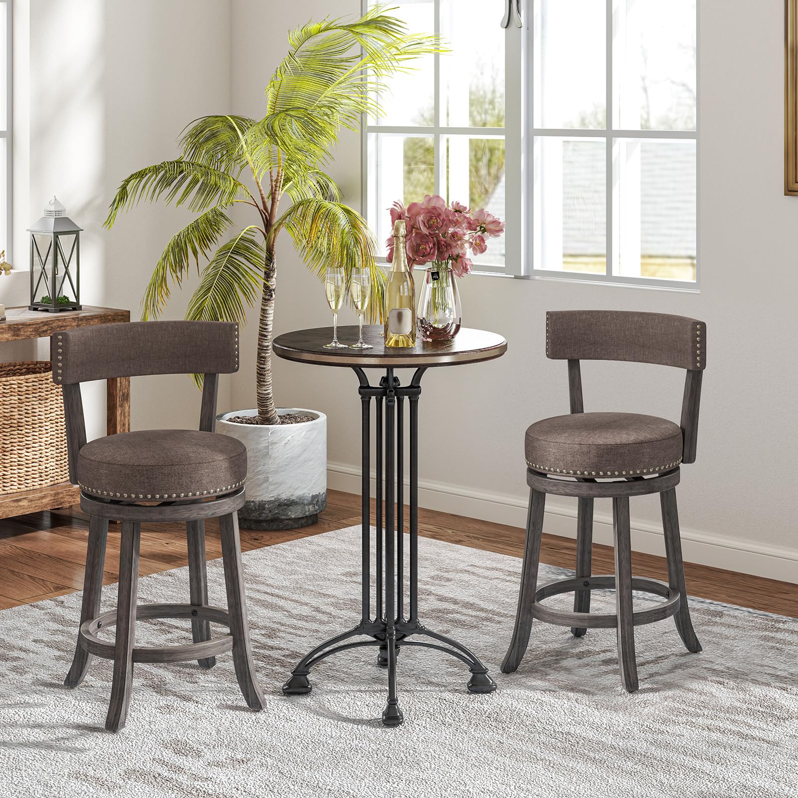 Swivel Counter Height Bar Stools Set of 2/4 with Footrest, Rubber Wood Frame
