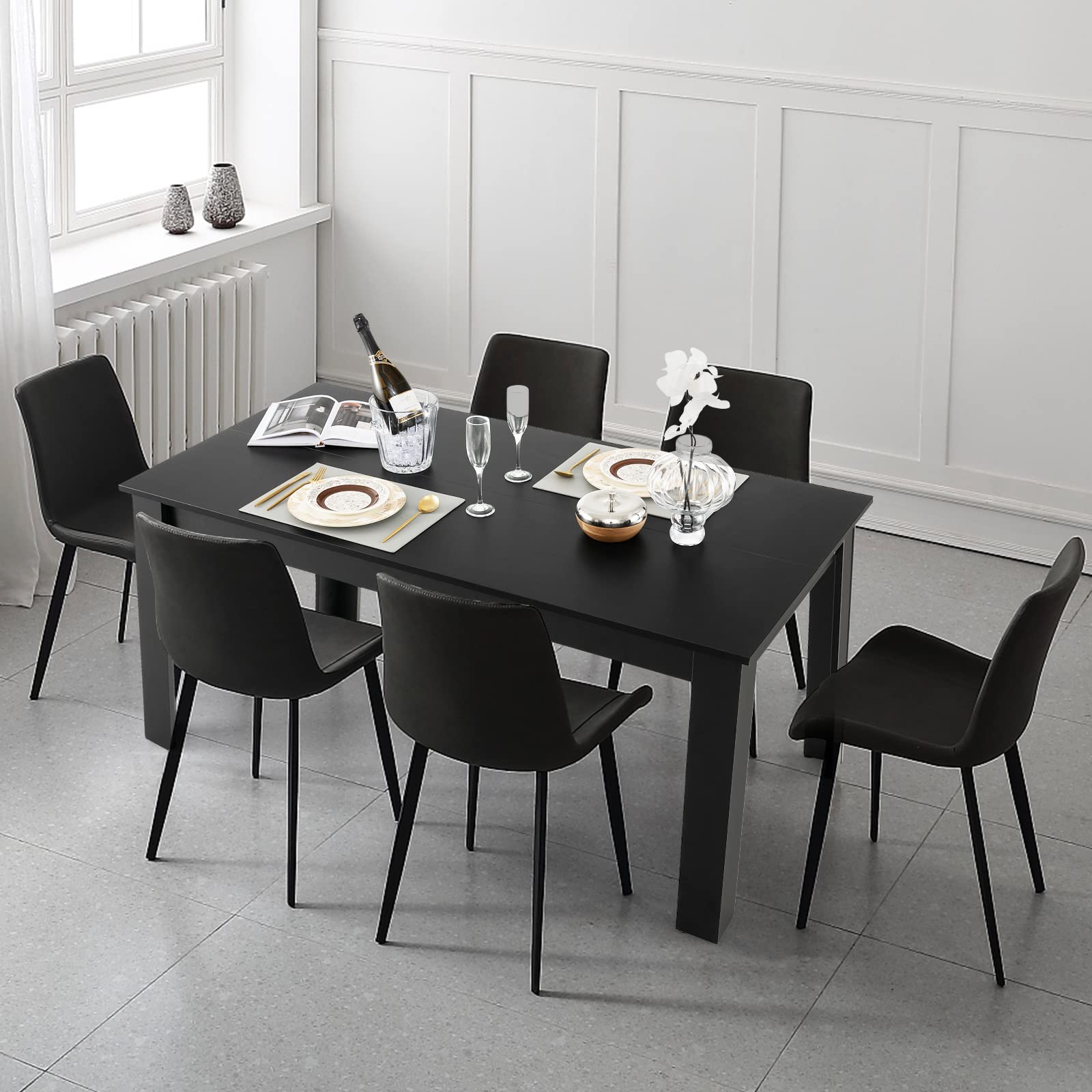 Black Dining Table for 6, Wood Rectangular Table, 63" L x 31.5" W x 30" H Large Farmhouse Center Table