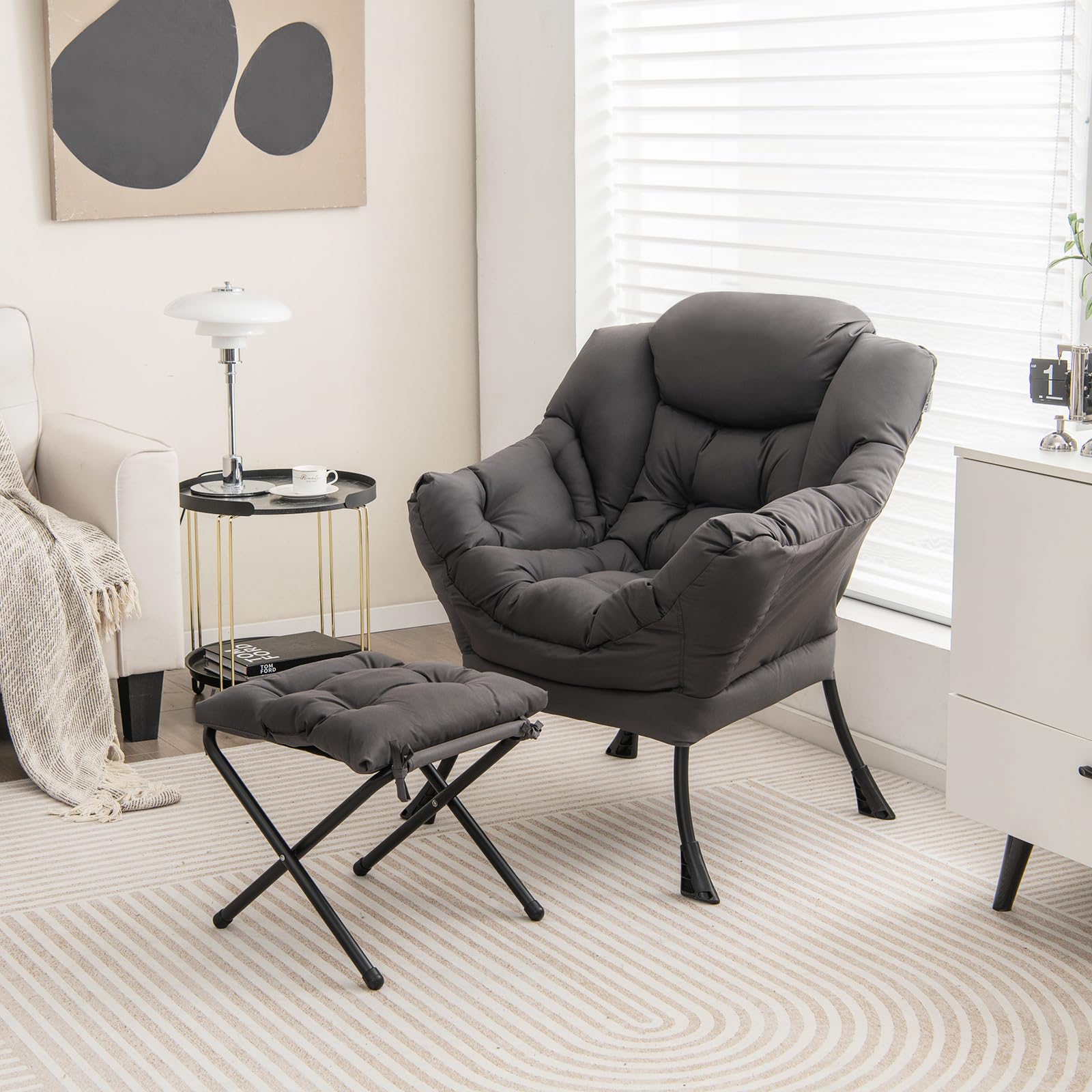 Lazy Sofa Chair with Ottoman, Upholstered Leisure Lounge Armchair with Folding Footrest, Side Storage Pocket