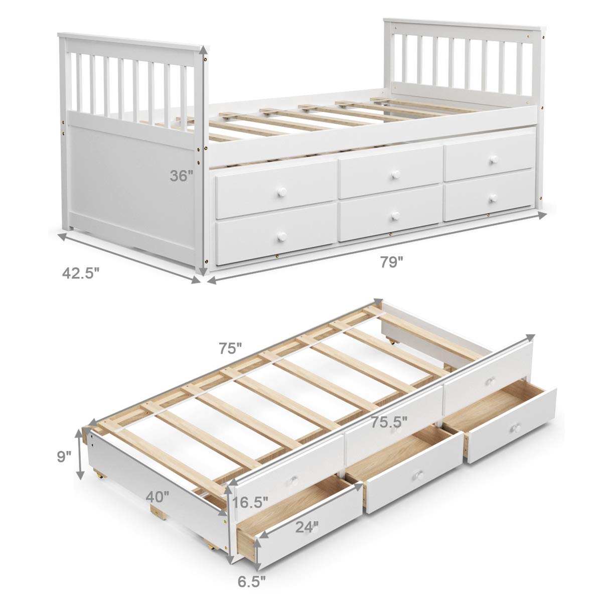 Twin Captain&rsquo;s Bed with Trundle Bed, Wood Storage Daybed with 3 Storage Drawers