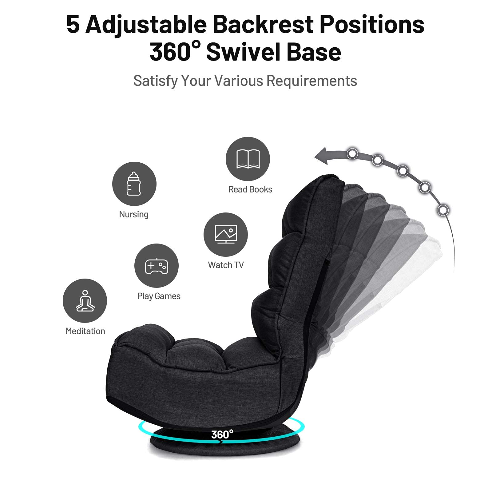 360 Degree Swivel Gaming Chair, 6 Position Adjustable Folding Floor Chair