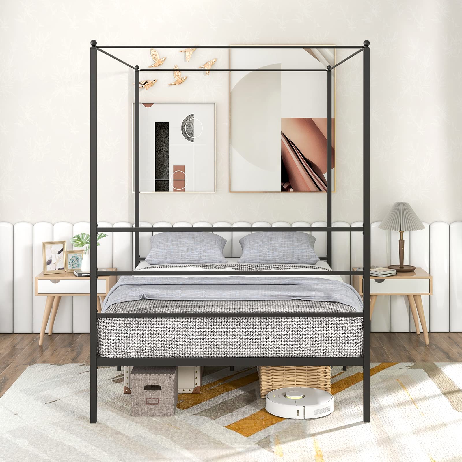 Metal Canopy Bunk Bed, Modern 4 Poster Canopied Platform Bed with Headboard