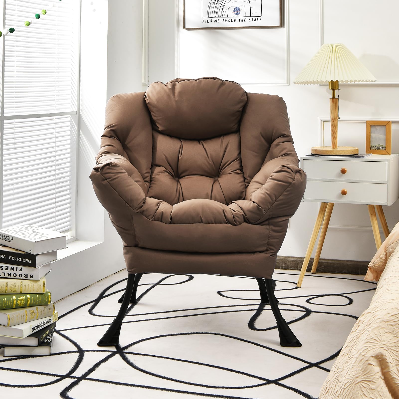Modern Lazy Chair, Upholstered Single Sofa Chair w/Armrests & Side Pocket