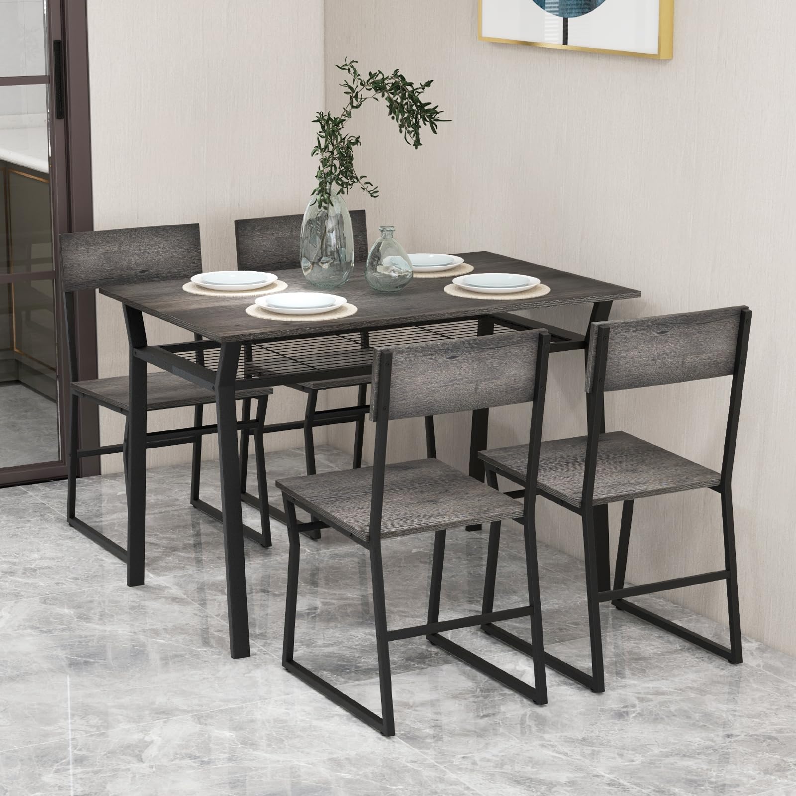 Dining Table Set for 4, 47&rdquo;L x 28&rdquo;W Rectangular Kitchen Table w/ 4 Trapezoid Chairs, Reinforced Metal Frame & Storage Rack